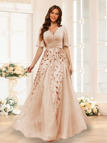 Robe de Demoiselled'Honneur Trapèze en Mousseline, Col en V, Manches Mi-Longues, Fendue Sur le Côté avec Appliques