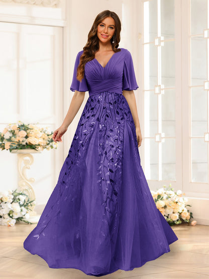 Robe de Demoiselled'Honneur Trapèze en Mousseline, Col en V, Manches Mi-Longues, Fendue Sur le Côté avec Appliques