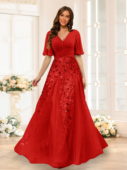 Robe de Demoiselled'Honneur Trapèze en Mousseline, Col en V, Manches Mi-Longues, Fendue Sur le Côté avec Appliques