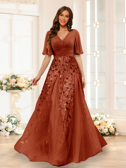 Robe de Demoiselled'Honneur Trapèze en Mousseline, Col en V, Manches Mi-Longues, Fendue Sur le Côté avec Appliques