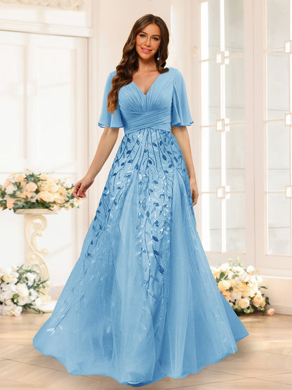 Robe de Demoiselled'Honneur Trapèze en Mousseline, Col en V, Manches Mi-Longues, Fendue Sur le Côté avec Appliques