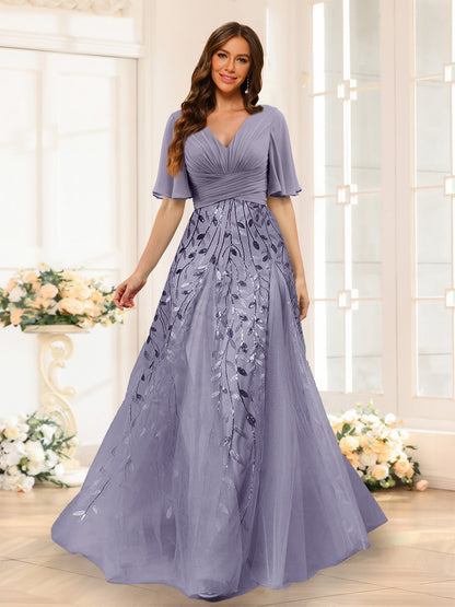 Robe de Demoiselled'Honneur Trapèze en Mousseline, Col en V, Manches Mi-Longues, Fendue Sur le Côté avec Appliques