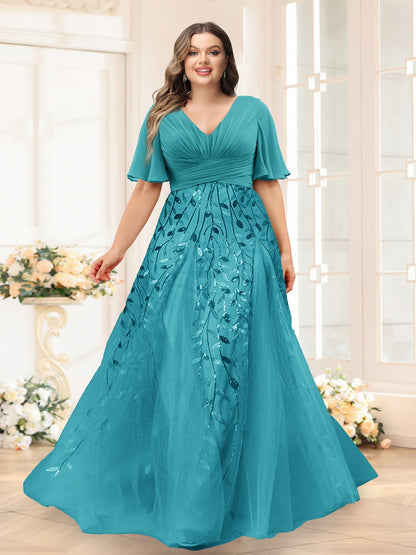Robes de Demoiselle d'Honneur Grande Taille en Chiffon avec Décolleté en V, Manches Mi-Longues, Fente Latérale et Appliqués Ligne A