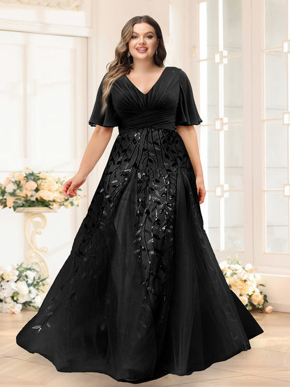 Robes de Demoiselle d'Honneur Grande Taille en Chiffon avec Décolleté en V, Manches Mi-Longues, Fente Latérale et Appliqués Ligne A