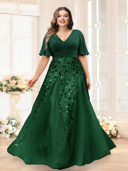 Robes de Demoiselle d'Honneur Grande Taille en Chiffon avec Décolleté en V, Manches Mi-Longues, Fente Latérale et Appliqués Ligne A