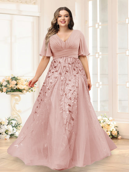 Robes de Demoiselle d'Honneur Grande Taille en Chiffon avec Décolleté en V, Manches Mi-Longues, Fente Latérale et Appliqués Ligne A
