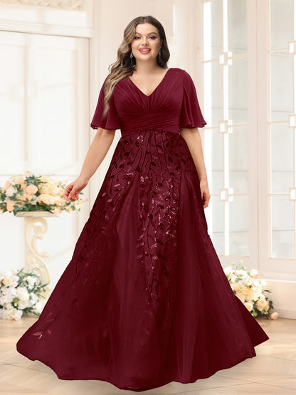 Robes de Demoiselle d'Honneur Grande Taille en Chiffon avec Décolleté en V, Manches Mi-Longues, Fente Latérale et Appliqués Ligne A