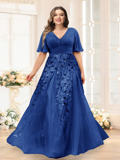 Robes de Demoiselle d'Honneur Grande Taille en Chiffon avec Décolleté en V, Manches Mi-Longues, Fente Latérale et Appliqués Ligne A