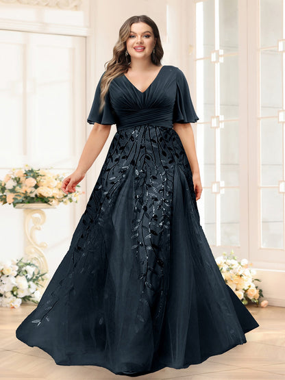 Robes de Demoiselle d'Honneur Grande Taille en Chiffon avec Décolleté en V, Manches Mi-Longues, Fente Latérale et Appliqués Ligne A