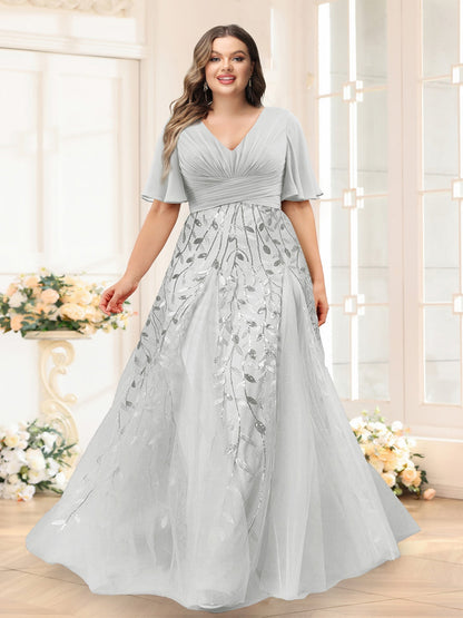 Robes de Demoiselle d'Honneur Grande Taille en Chiffon avec Décolleté en V, Manches Mi-Longues, Fente Latérale et Appliqués Ligne A