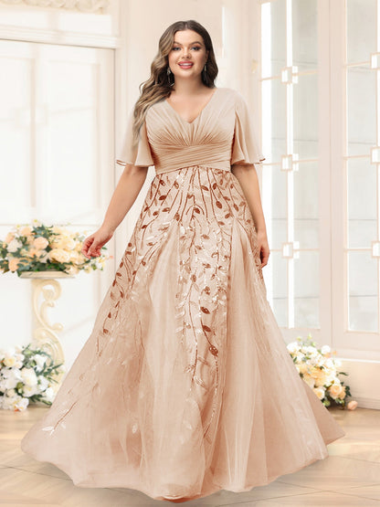 Robes de Demoiselle d'Honneur Grande Taille en Chiffon avec Décolleté en V, Manches Mi-Longues, Fente Latérale et Appliqués Ligne A
