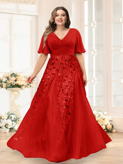 Robes de Demoiselle d'Honneur Grande Taille en Chiffon avec Décolleté en V, Manches Mi-Longues, Fente Latérale et Appliqués Ligne A