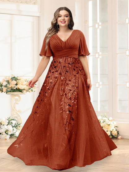 Robes de Demoiselle d'Honneur Grande Taille en Chiffon avec Décolleté en V, Manches Mi-Longues, Fente Latérale et Appliqués Ligne A