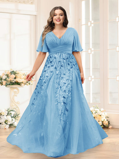 Robes de Demoiselle d'Honneur Grande Taille en Chiffon avec Décolleté en V, Manches Mi-Longues, Fente Latérale et Appliqués Ligne A