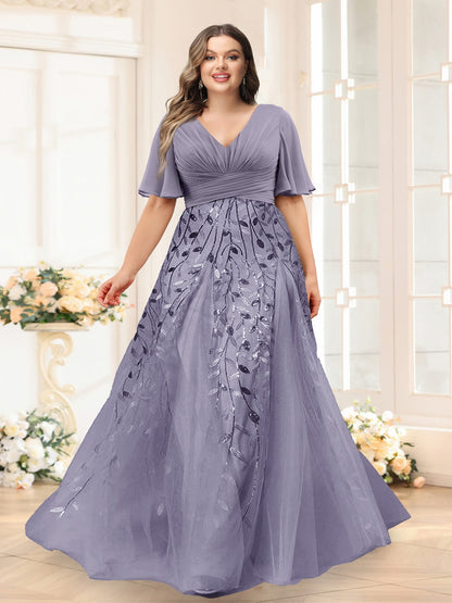 Robes de Demoiselle d'Honneur Grande Taille en Chiffon avec Décolleté en V, Manches Mi-Longues, Fente Latérale et Appliqués Ligne A