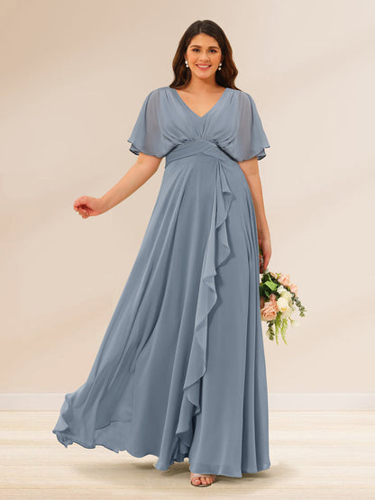 Robes de Demoiselle d'Honneur Grande Taille à Col En V et Manches Courtes avec Poches