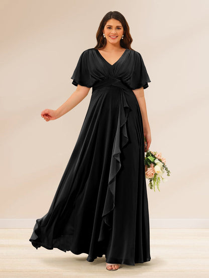 Robes de Demoiselle d'Honneur Grande Taille à Col En V et Manches Courtes avec Poches