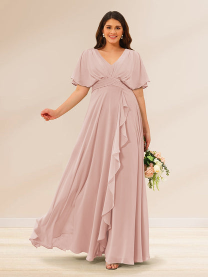 Robes de Demoiselle d'Honneur Grande Taille à Col En V et Manches Courtes avec Poches