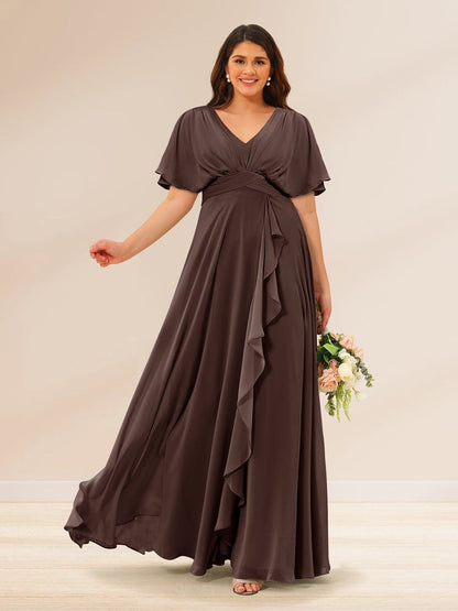 Robes de Demoiselle d'Honneur Grande Taille à Col En V et Manches Courtes avec Poches
