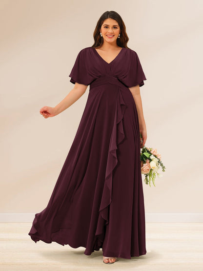 Robes de Demoiselle d'Honneur Grande Taille à Col En V et Manches Courtes avec Poches