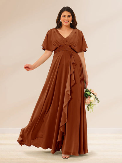 Robes de Demoiselle d'Honneur Grande Taille à Col En V et Manches Courtes avec Poches
