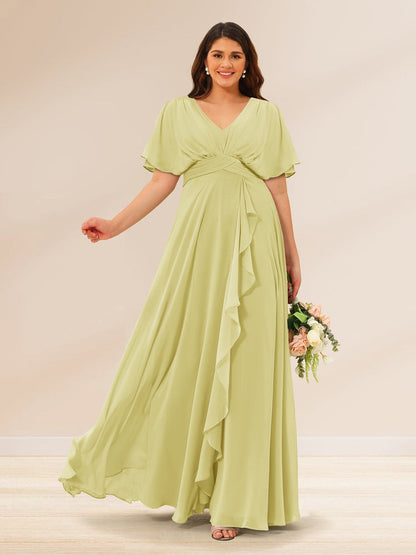 Robes de Demoiselle d'Honneur Grande Taille à Col En V et Manches Courtes avec Poches