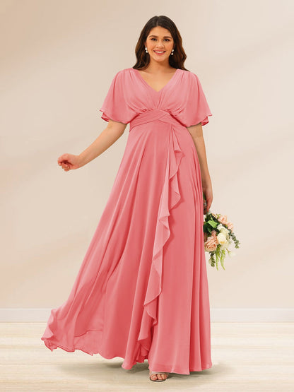 Robes de Demoiselle d'Honneur Grande Taille à Col En V et Manches Courtes avec Poches