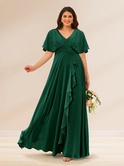 Robes de Demoiselle d'Honneur Grande Taille à Col En V et Manches Courtes avec Poches