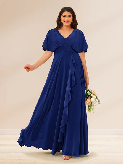 Robes de Demoiselle d'Honneur Grande Taille à Col En V et Manches Courtes avec Poches