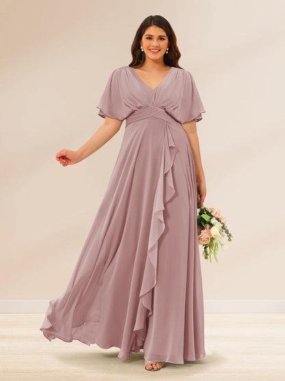 Robes de Demoiselle d'Honneur Grande Taille à Col En V et Manches Courtes avec Poches