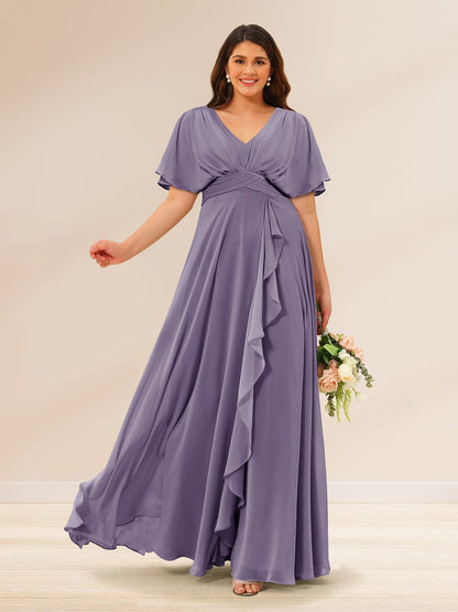 Robes de Demoiselle d'Honneur Grande Taille à Col En V et Manches Courtes avec Poches