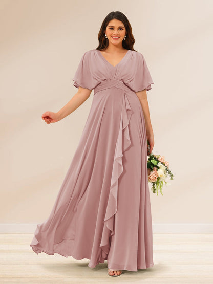 Robes de Demoiselle d'Honneur Grande Taille à Col En V et Manches Courtes avec Poches