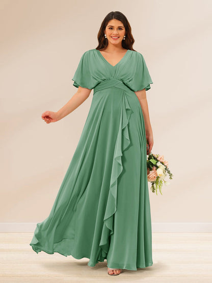 Robes de Demoiselle d'Honneur Grande Taille à Col En V et Manches Courtes avec Poches