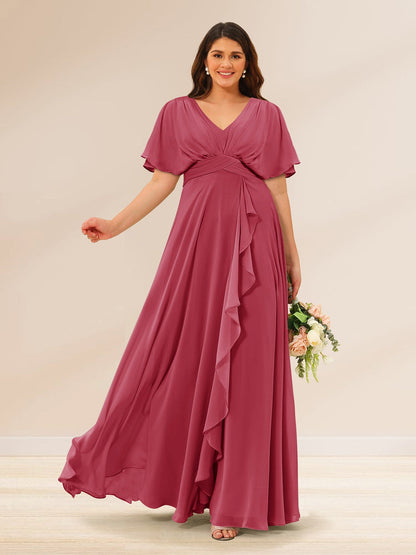 Robes de Demoiselle d'Honneur Grande Taille à Col En V et Manches Courtes avec Poches