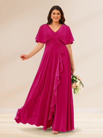 Robes de Demoiselle d'Honneur Grande Taille à Col En V et Manches Courtes avec Poches