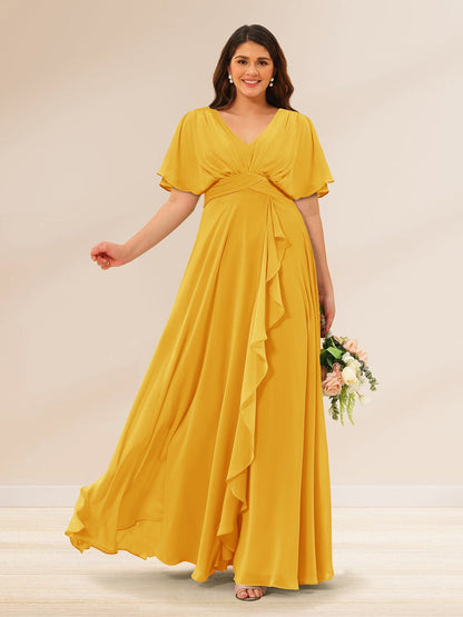 Robes de Demoiselle d'Honneur Grande Taille à Col En V et Manches Courtes avec Poches