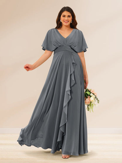 Robes de Demoiselle d'Honneur Grande Taille à Col En V et Manches Courtes avec Poches