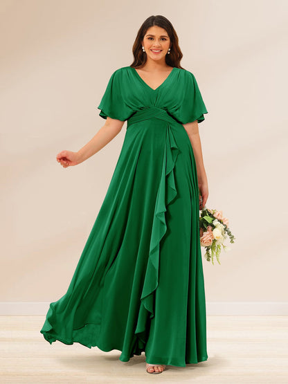 Robes de Demoiselle d'Honneur Grande Taille à Col En V et Manches Courtes avec Poches