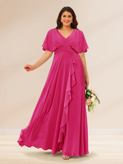 Robes de Demoiselle d'Honneur Grande Taille à Col En V et Manches Courtes avec Poches