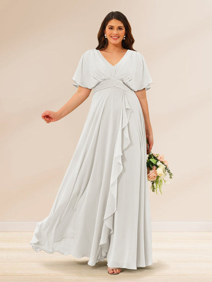 Robes de Demoiselle d'Honneur Grande Taille à Col En V et Manches Courtes avec Poches