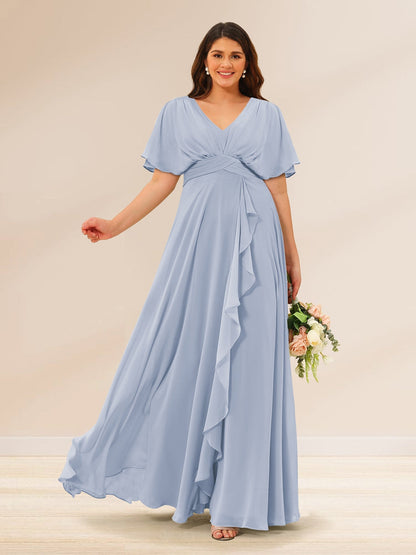 Robes de Demoiselle d'Honneur Grande Taille à Col En V et Manches Courtes avec Poches