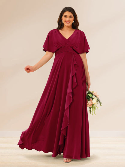 Robes de Demoiselle d'Honneur Grande Taille à Col En V et Manches Courtes avec Poches