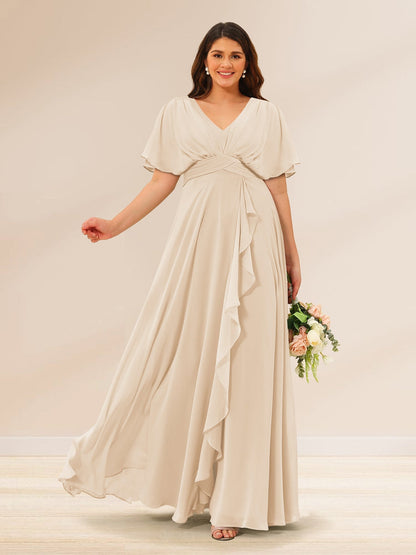 Robes de Demoiselle d'Honneur Grande Taille à Col En V et Manches Courtes avec Poches