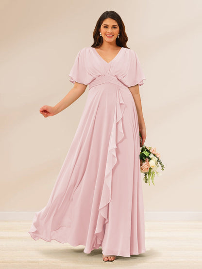 Robes de Demoiselle d'Honneur Grande Taille à Col En V et Manches Courtes avec Poches