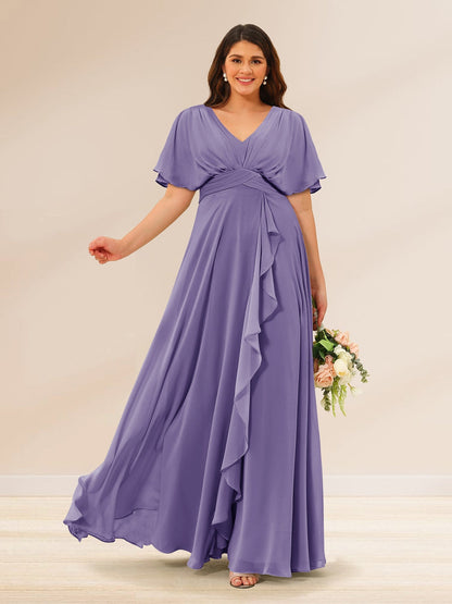 Robes de Demoiselle d'Honneur Grande Taille à Col En V et Manches Courtes avec Poches