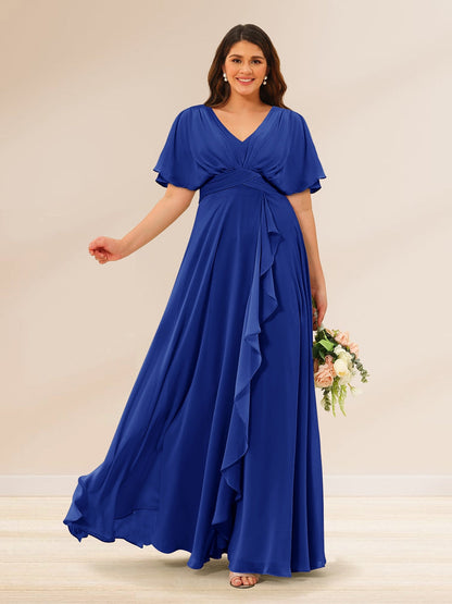 Robes de Demoiselle d'Honneur Grande Taille à Col En V et Manches Courtes avec Poches