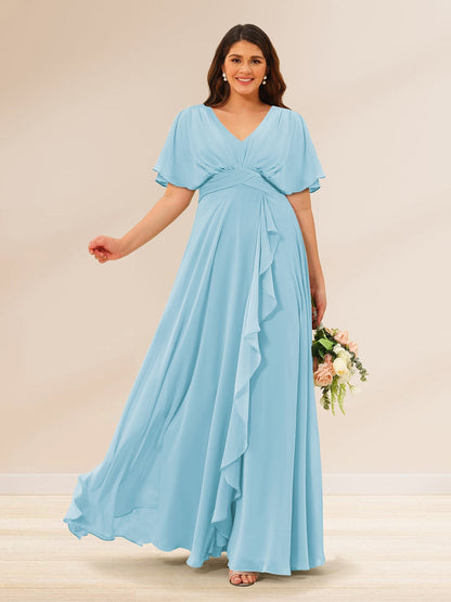 Robes de Demoiselle d'Honneur Grande Taille à Col En V et Manches Courtes avec Poches