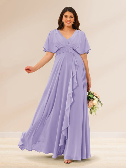 Robes de Demoiselle d'Honneur Grande Taille à Col En V et Manches Courtes avec Poches