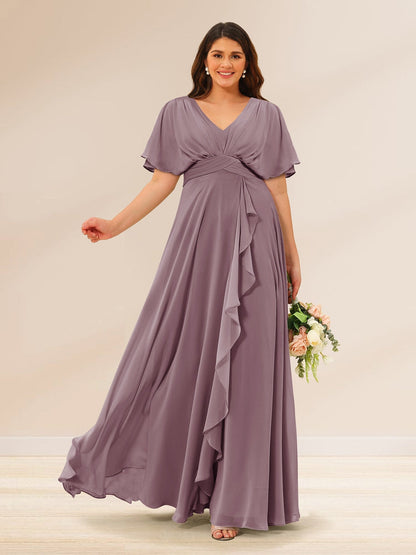 Robes de Demoiselle d'Honneur Grande Taille à Col En V et Manches Courtes avec Poches