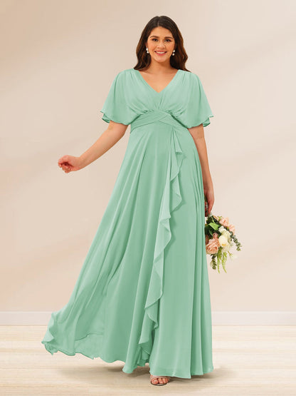 Robes de Demoiselle d'Honneur Grande Taille à Col En V et Manches Courtes avec Poches